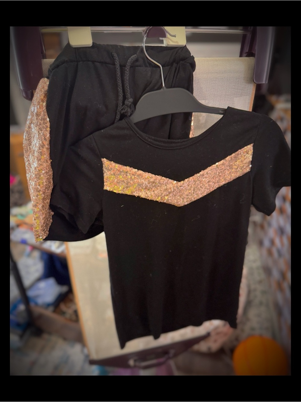 Girls Black Tee & Shorts Matching Set with Pink-Gold Sequin Accent
